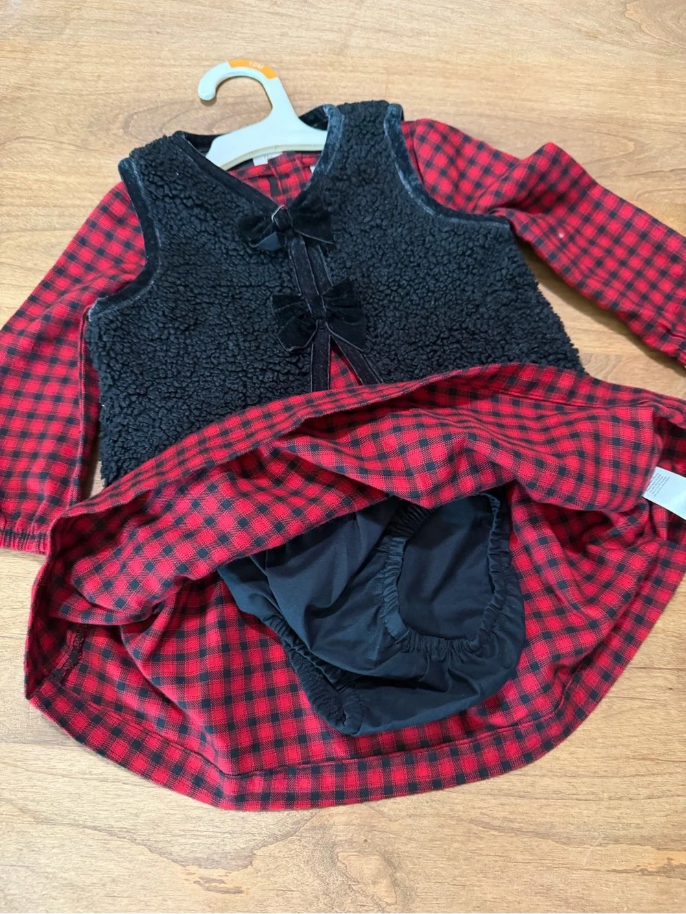 Cat and Jack Red & Black Buffalo Plaid Dress with Black Sherpa Vest and bloomers